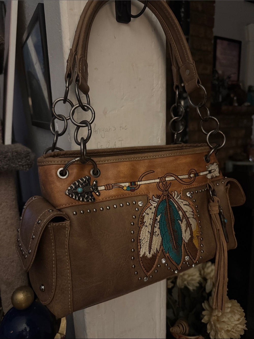 Tan Embroidered Feather Shoulder Bag with Stud and Tassel Detail